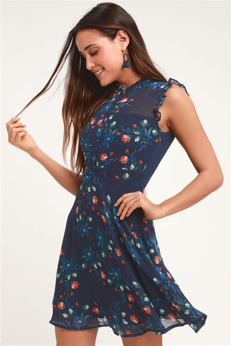 Cute Navy Blue Floral Print Dress Blue Floral Print Dress Lulus