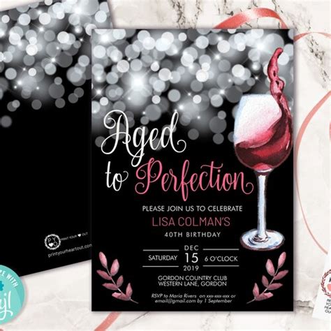 Editable Aged To Perfection Birthday Invitation Pink Rose Wine Etsy