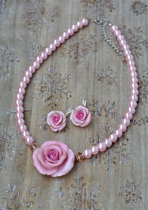 Pink Rose Necklace Pink Floral Necklace Flower Jewelry Pearl Etsy