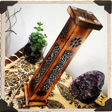 Botanical Incense Burner Tower Upright Wooden Box With Metal Stamping