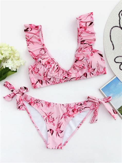 Floral Print Frill Trim Tie Side Bikini Set Shein Sheinside