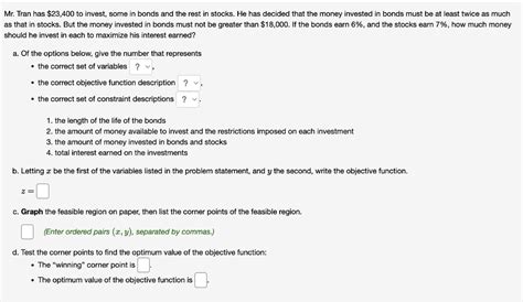 Solved Mr Tran Has To Invest Some In Bonds And The Chegg