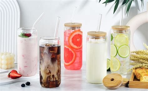 20 Oz Drinking Glasses With Bamboo Lids And Glass Straw 6