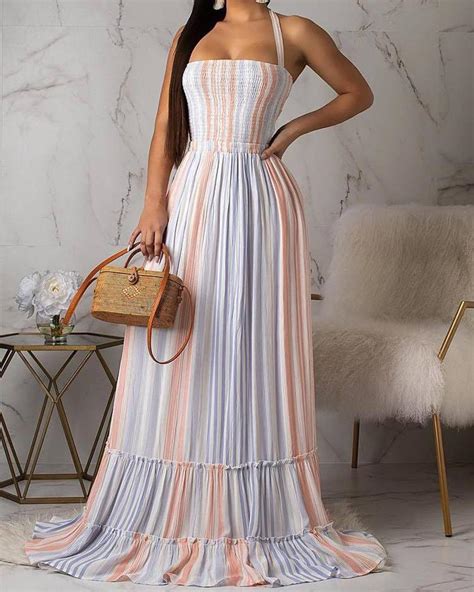 Colorful Striped Halter Shirring Maxi Dress Online Discover Hottest Trend Fashion At