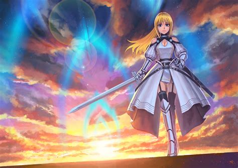 Anime Girl With Blonde Hair And Blue Eyes With Sword