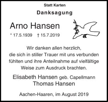 Traueranzeigen Von Arno Hansen Aachen Gedenkt