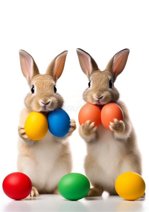 Funny Easter Bunnies Jumping Ans Dancing On The Sand Beach With Blue