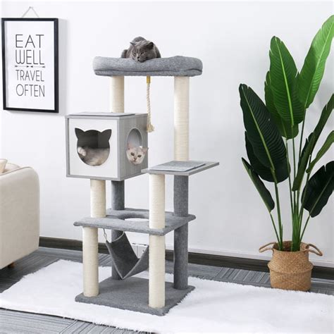 Fithood Cat Tree 52 Inches Multi Level Modern Wooden Cat Tower With