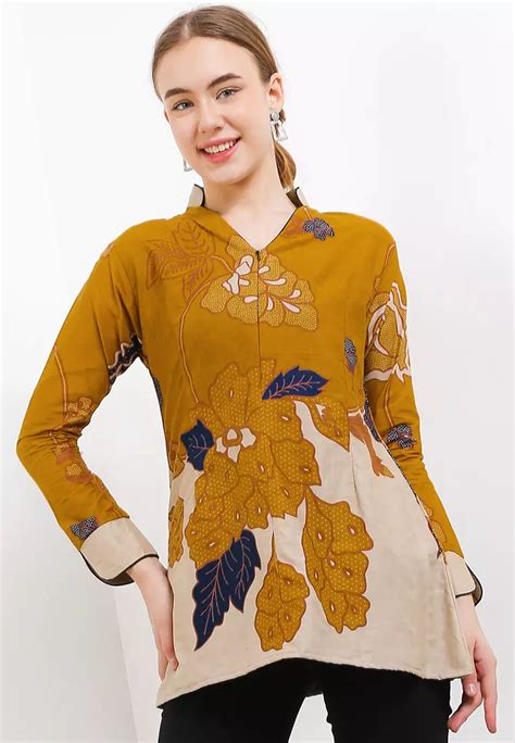 Jual Batik Mayung Blouse Batik Mandevilla Kuning Premium Slimfit