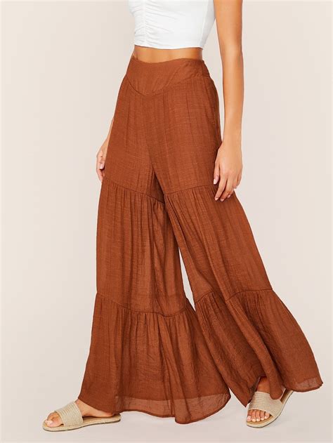 High Waist Layered Ruffle Hem Super Palazzo Pants Palazzo Pants