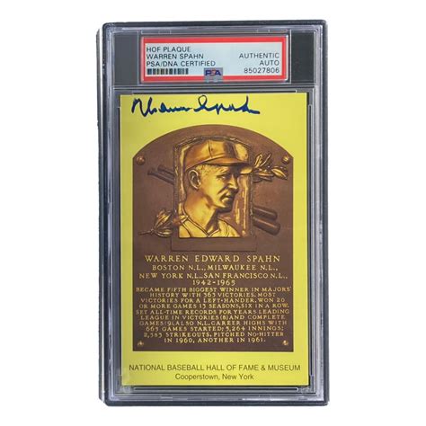 Warren Spahn Signed Hall Of Fame Plaque Postcard Psa Pristine Auction