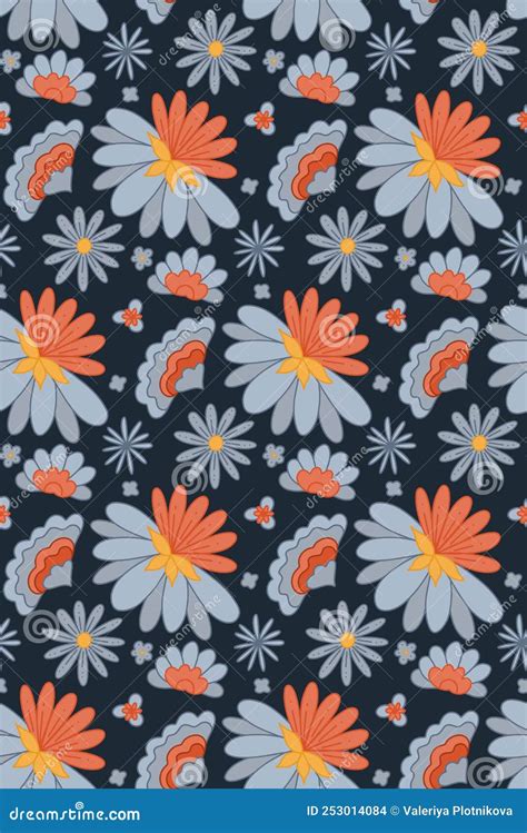 Vector Seamless Pattern With Blue Groovy Flowers On Dark Blue