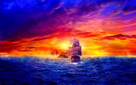 2k Free Download Pirate Ship Ship Sunset Island Sky Sea Pirate