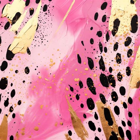 A Pink And Yellow Painting With Black Spots And A Pink And Black Speck