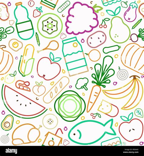 Food Icon Seamless Pattern With Colorful Line Style Symbols Healthy