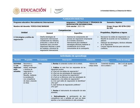 Planeaci N Did Ctica U Planeacin Didctica Programa Educativo