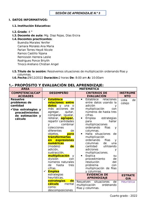 Sesi N De Aprendizaje Matem Tica Grado I Datos Informativos I