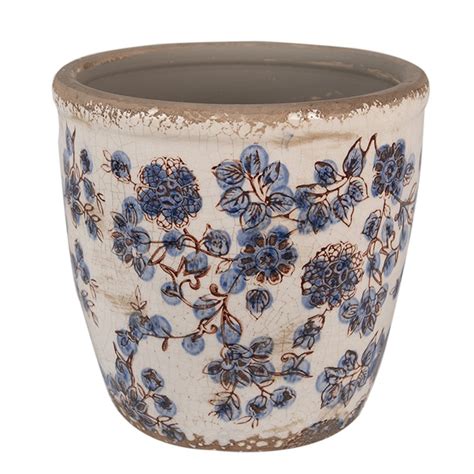 Clayre Eef Bloempot Ø 17x16 cm Beige Blauw Keramiek Bloemen