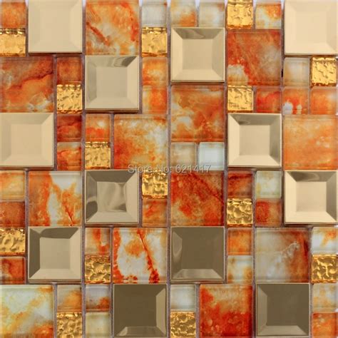 Orange Color Glass Mosaic Mixed Golden Stainless Steel Tile Kitchen Backsplash Bathroom Shower