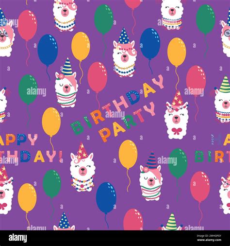 Seamless Pattern With Llama Alpaca Faces Birthday Theme Caps Balloons Inscription Happy