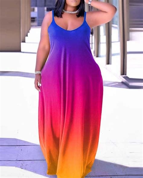 Plus Size Ombre V Neck Sleeveless Maxi Dress