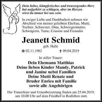 Traueranzeigen Von Jeanett Schmid Abschied Nehmen De