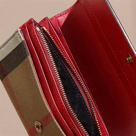 House Check And Leather Continental Wallet In Military Red Women