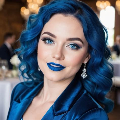 Lady With Blue Eyes Flowing Blue Hair Smiling Lip