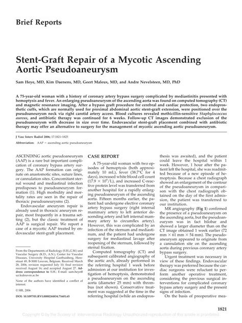 PDF Stent Graft Repair Of A Mycotic Ascending Aortic Pseudoaneurysm