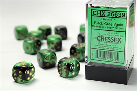 Chessex 16mm D6 Dice Block 12 Dados Gemini Black Green Gold La Escotilla