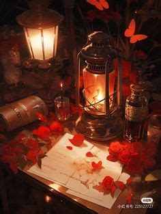 A Table Topped With Lots Of Red Flowers Next To A Lit Candle And Some Cards