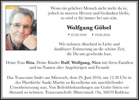 Traueranzeigen von Wolfgang Göbel rz trauer de