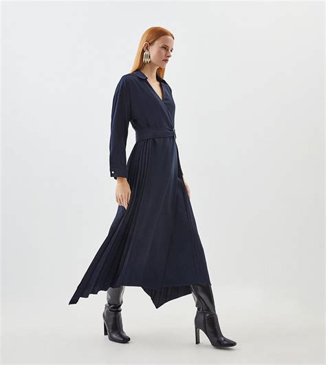 Buy Karen Millen Soft Tailored Pleat Detail Belted Shirt Dress In Navy