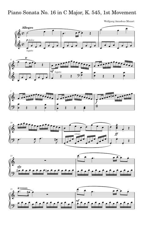 Piano Sonata No 16 K 545 In C Major Wolfgang Amadeus Mozart Sheet