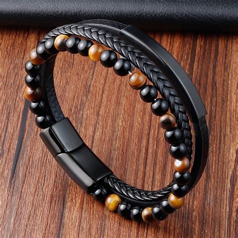 Personalized Men Braided Leather Bracelets Layered Natural Stone