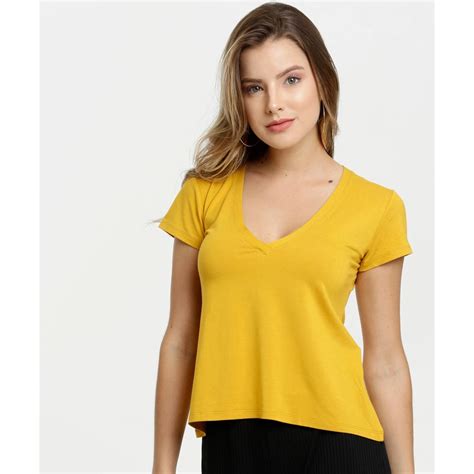 Blusa Feminina Básica Decote V Manga Curta Submarino