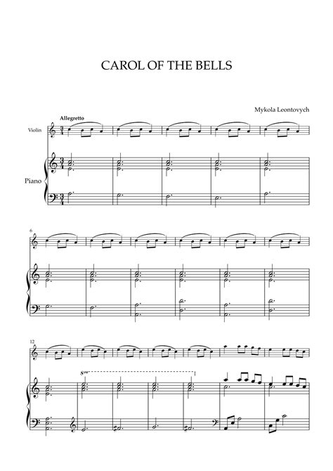 Mykola Leontovych Carol Of The Bells For Violin And Piano Arr