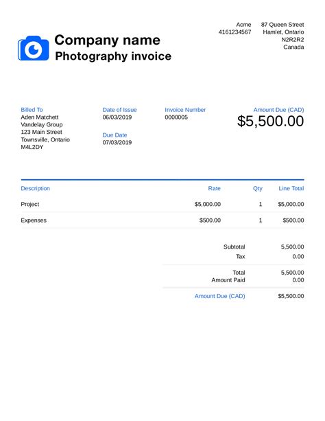 Free Photography Invoice Template Customize And Send In 90 Seconds