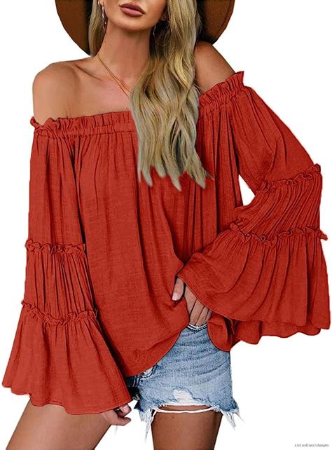 Womens Off The Shoulder Long Sleeve Tops Flared Casual Loose Blouse