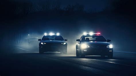 Police cars driving at night chasing a car in fog 911 police car ...