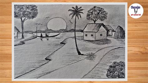 Beautiful Sunset Nature Drawing With Pencil Sketch Pencil Drawing For