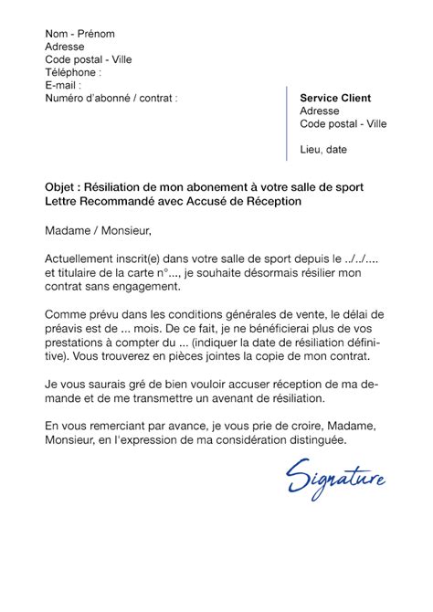 Lettre de résiliation Salle de Sport Sans engagement Modèle de lettre