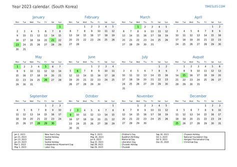 Calendar For 2023 With Holidays In South Korea Print And Download