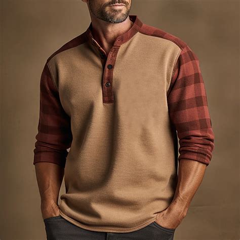 Mens Graphic Plaid Color Block Henley Shirt Long Sleeve 3d Print