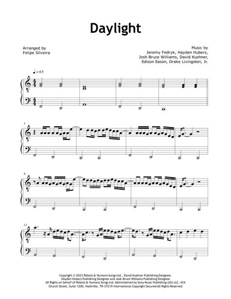 Daylight Arr Felipe Silveira Sheet Music David Kushner Easy Piano