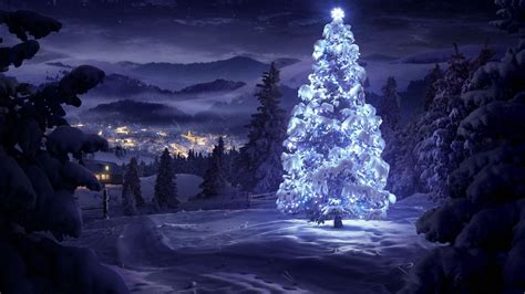 Trees Lights Night Snow Village Winter Coolwallpapers Me