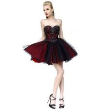 Ball Gown Strapless Sweetheart Short Red Tulle Lace Beaded Party Prom Dress