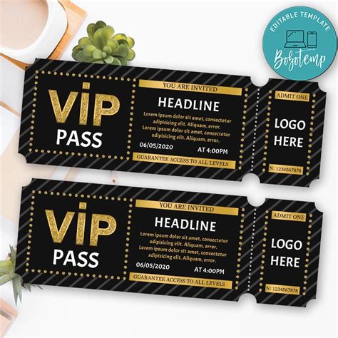 Printable Gold Vip Pass Admission Ticket Template DIY Bobotemp