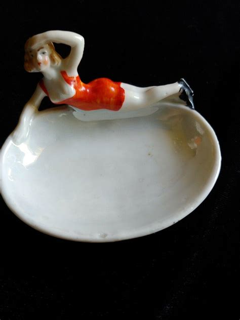 Antique Art Deco 1930s Figural Bathing Beauty Female Orange Glazed