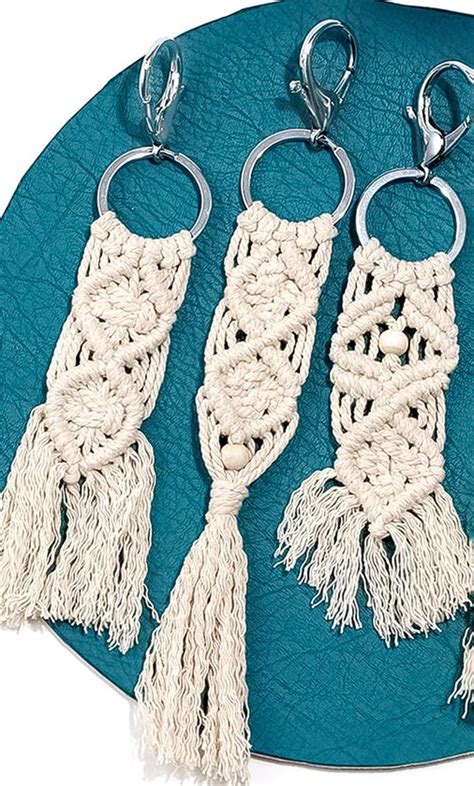 3 Stuks Handgemaakt Macramé Sleutelhangers Tassel Keychain met Koord